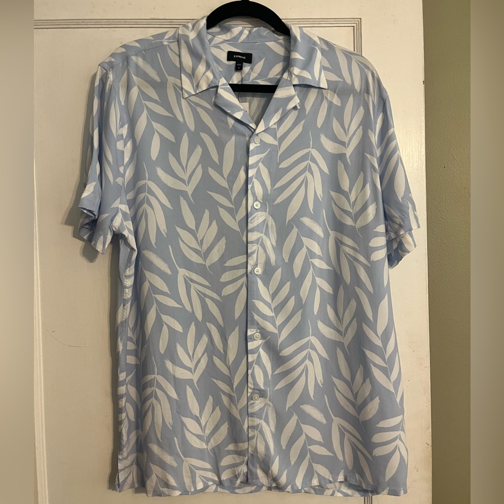 Express Light Blue and White Leaf Pattern Shirt